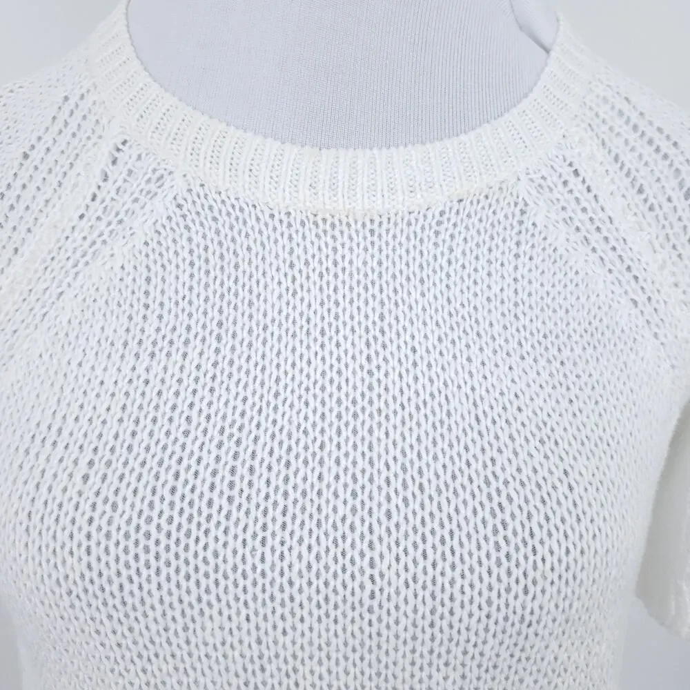 J. Crew 100% Linen Open Knit Sweater, Fringe Bottom, White XXS, Short Sleeve